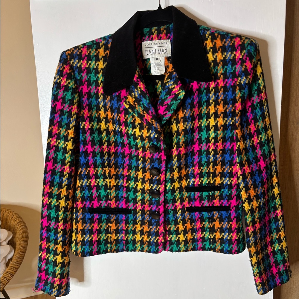 Vintage Retro 80s Houndstooth Tweed Blazer Rainbow Knit Multicolor Dani Max